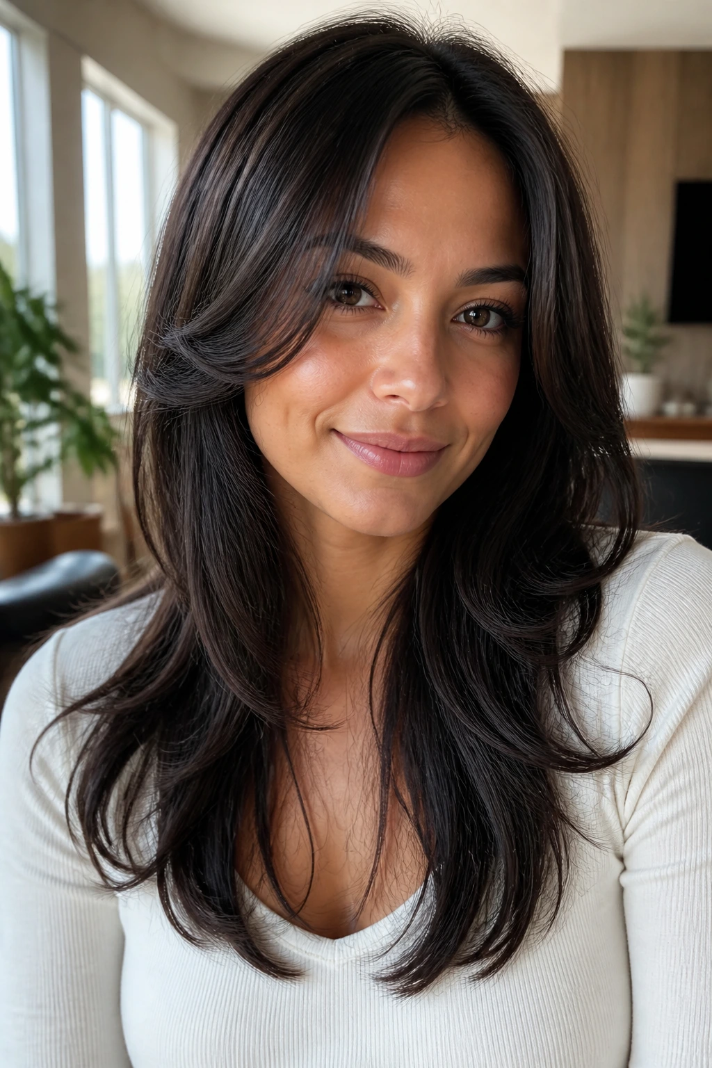 Portrait of a woman with a butterfly cut featuring face-framing layers and wispy ends.