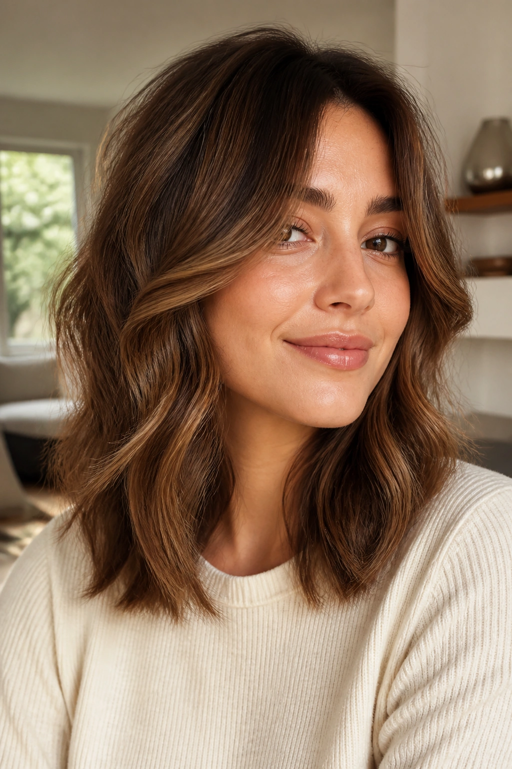 Close-up of woman with butterfly cut shoulder-length waves