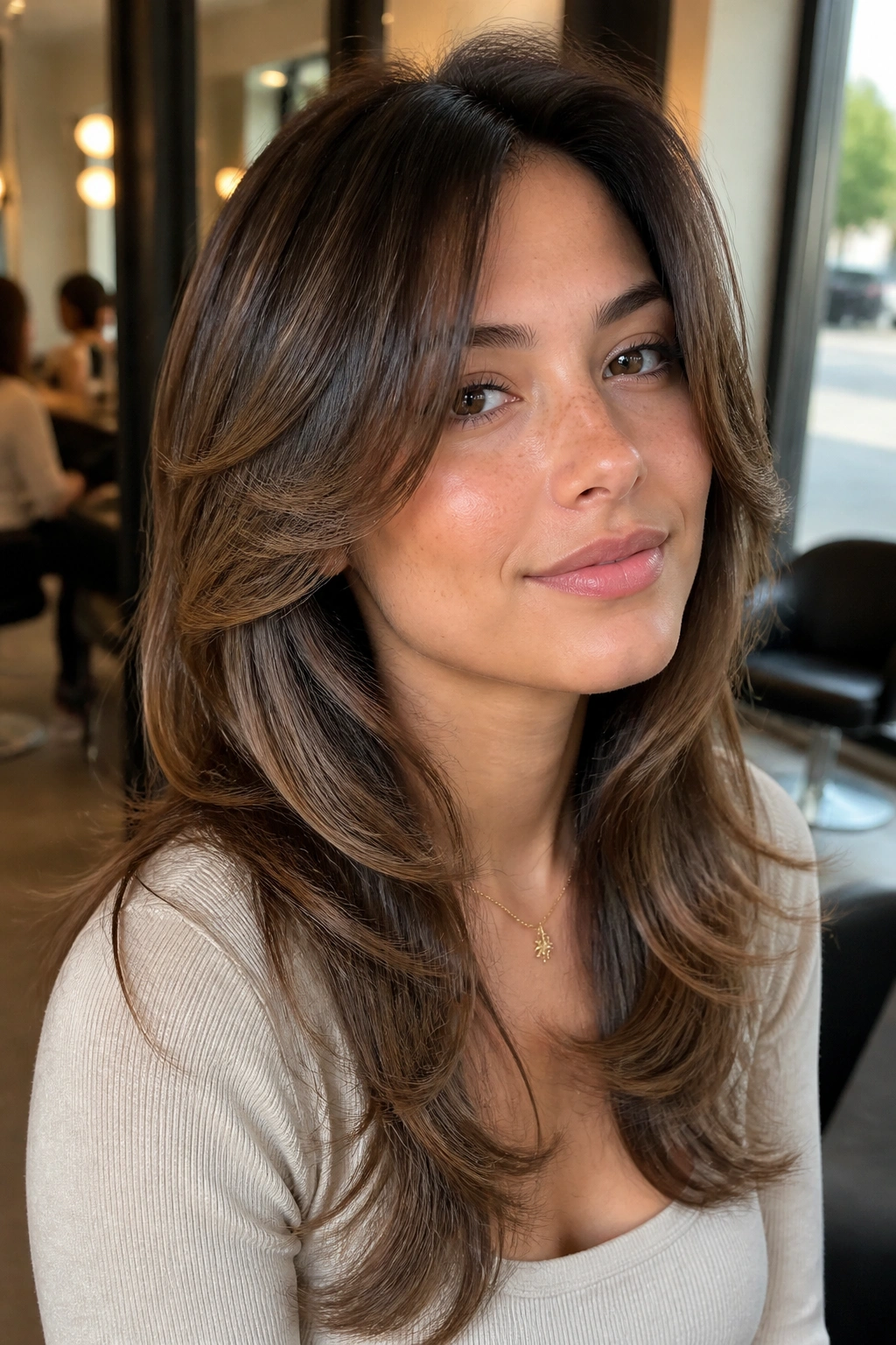 Close-up portrait of a real woman showing The Butterfly Cut hairstyle