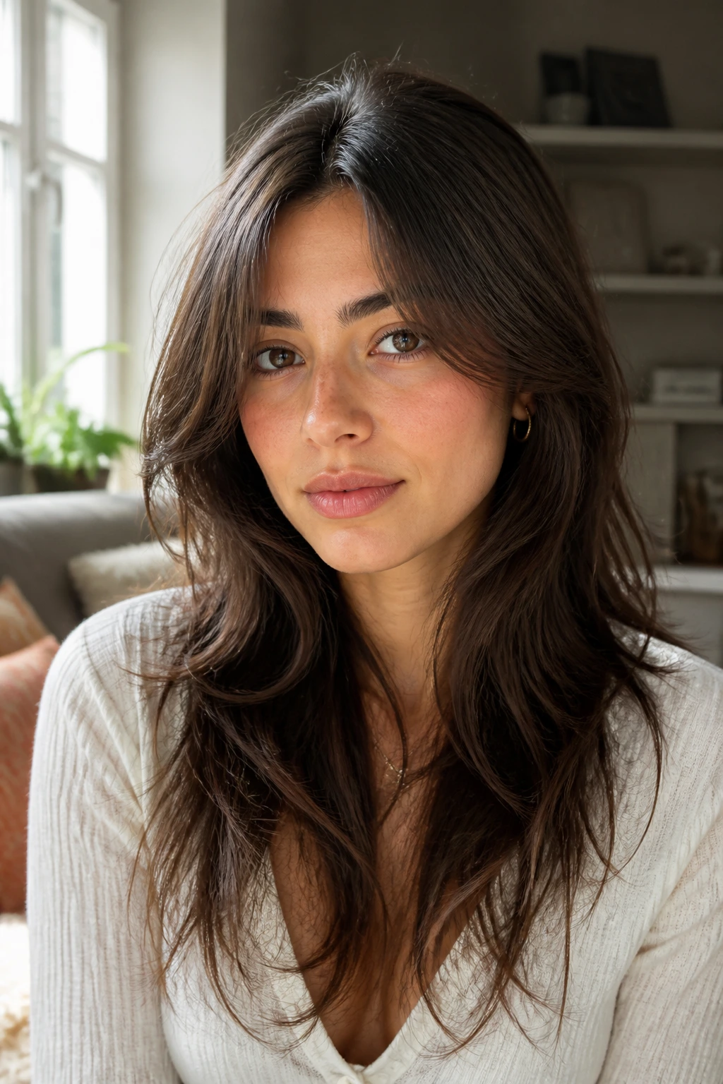 Close-up portrait of a real woman with subtle butterfly layers refresh