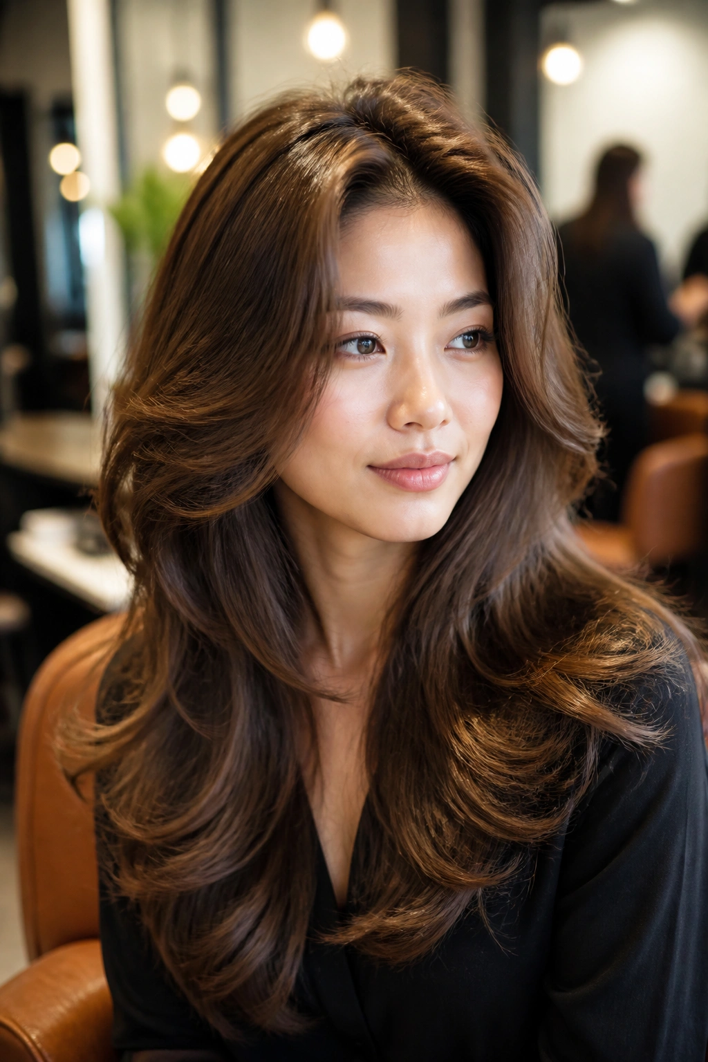 Real woman with butterfly layers and blowout volume.