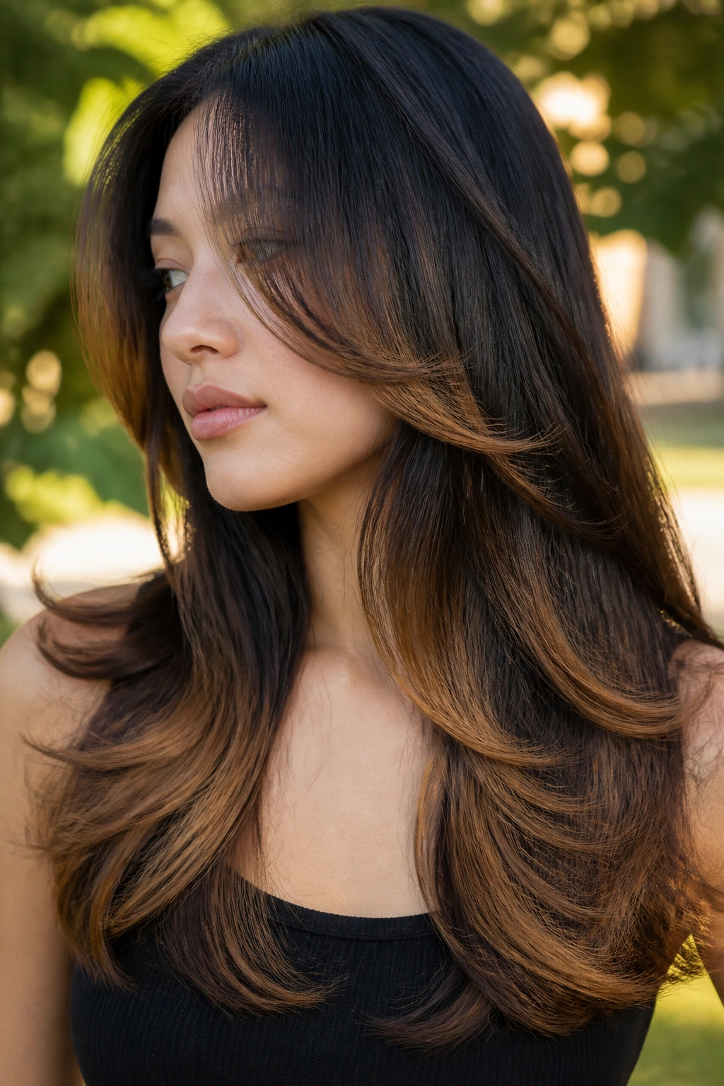 Portrait of a person with butterfly layer haircut and caramel ends in outdoor sunlight.