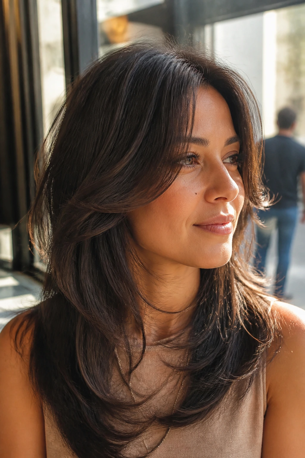 Portrait of a real woman with butterfly layers that lift the crown.