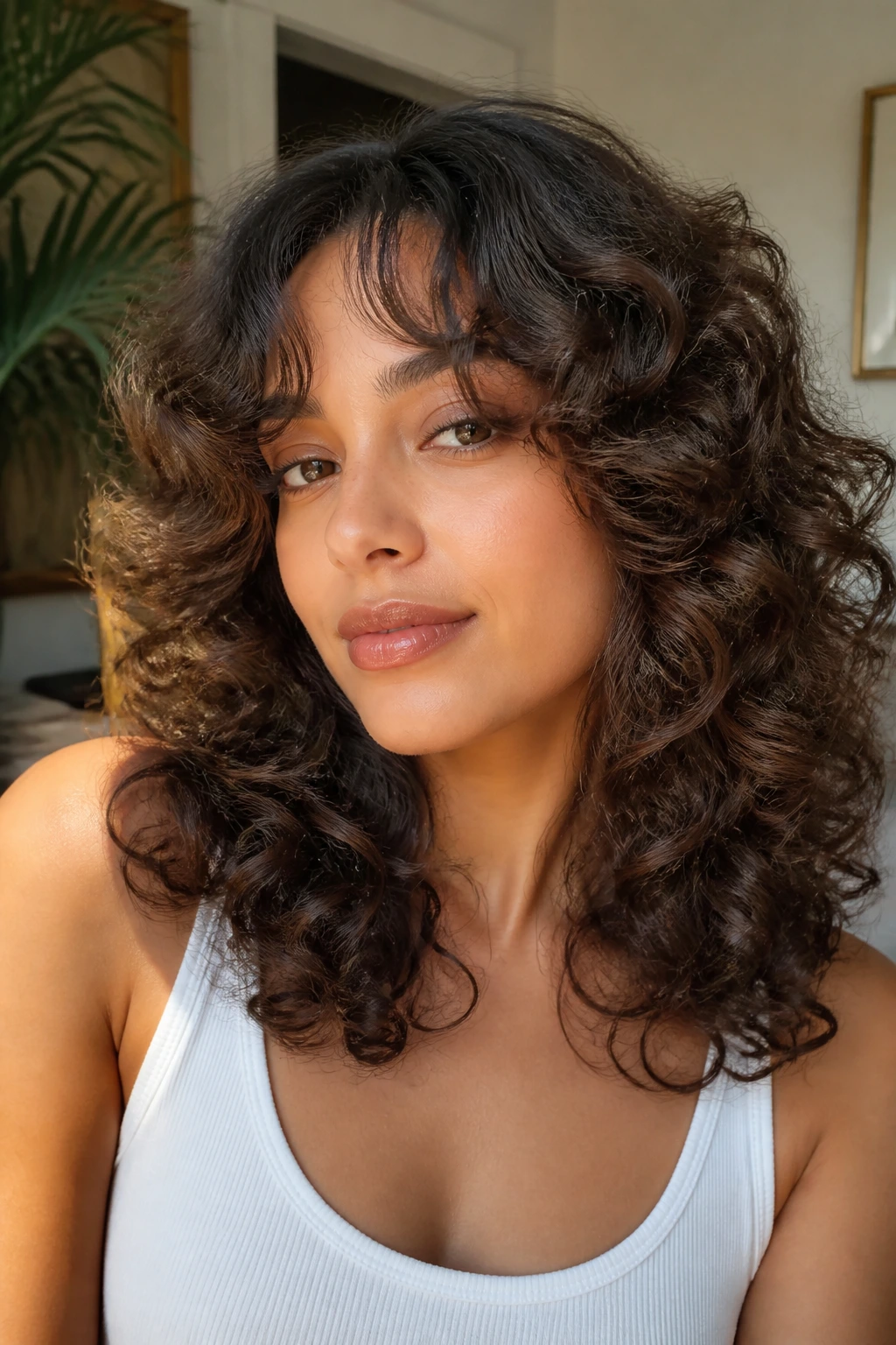 Close-up of a real person with butterfly-layered curly hair and curtain bangs in a sunlit living room