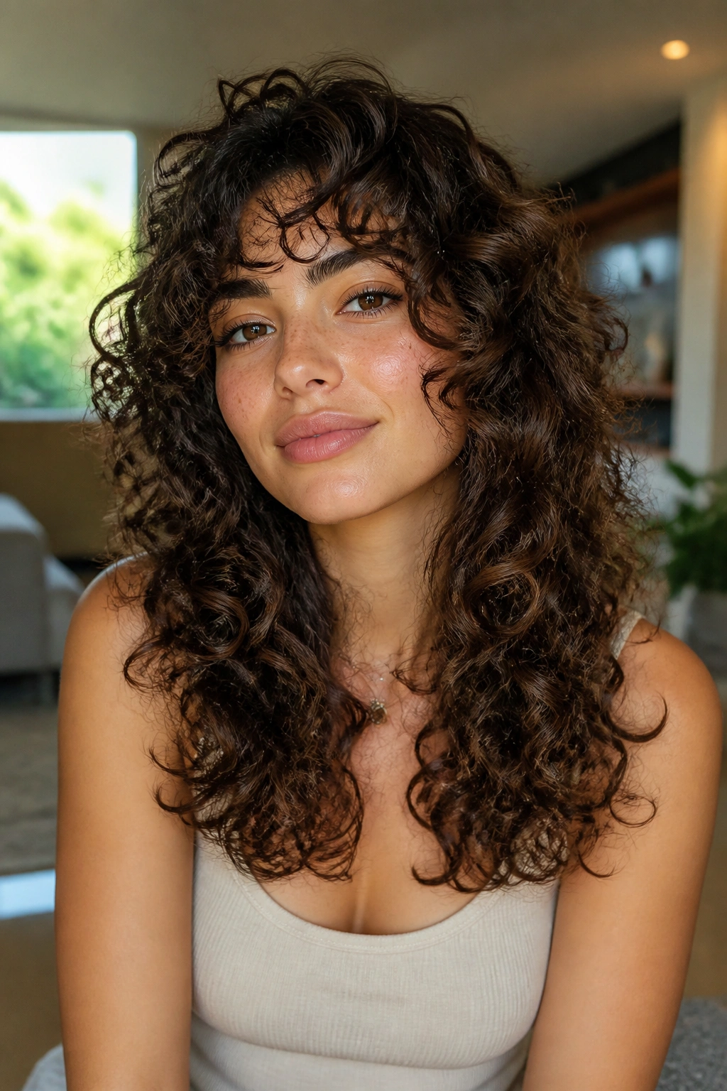 Close-up portrait of a woman with butterfly layers in curly hair framing her face