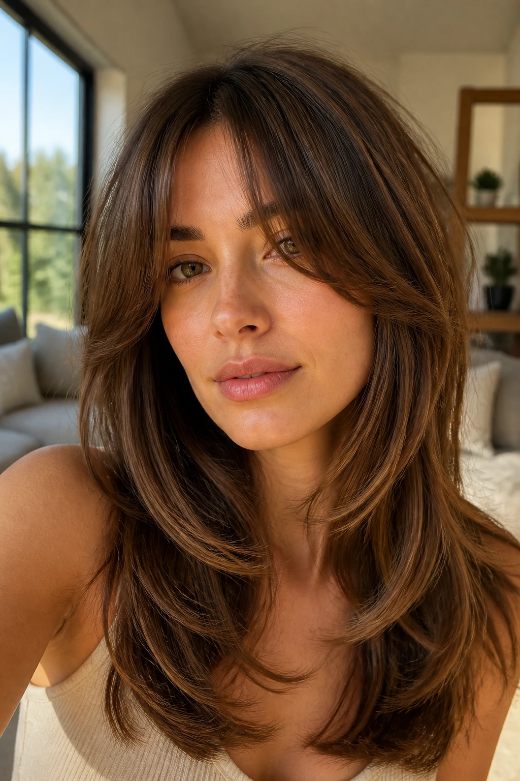 Close-up portrait of a real woman with curtain bangs and butterfly layers in a sunlit living room