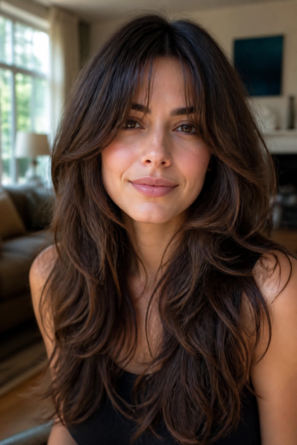 Close-up portrait of a real woman with butterfly layered hair and curtain bangs in a warm living room setting