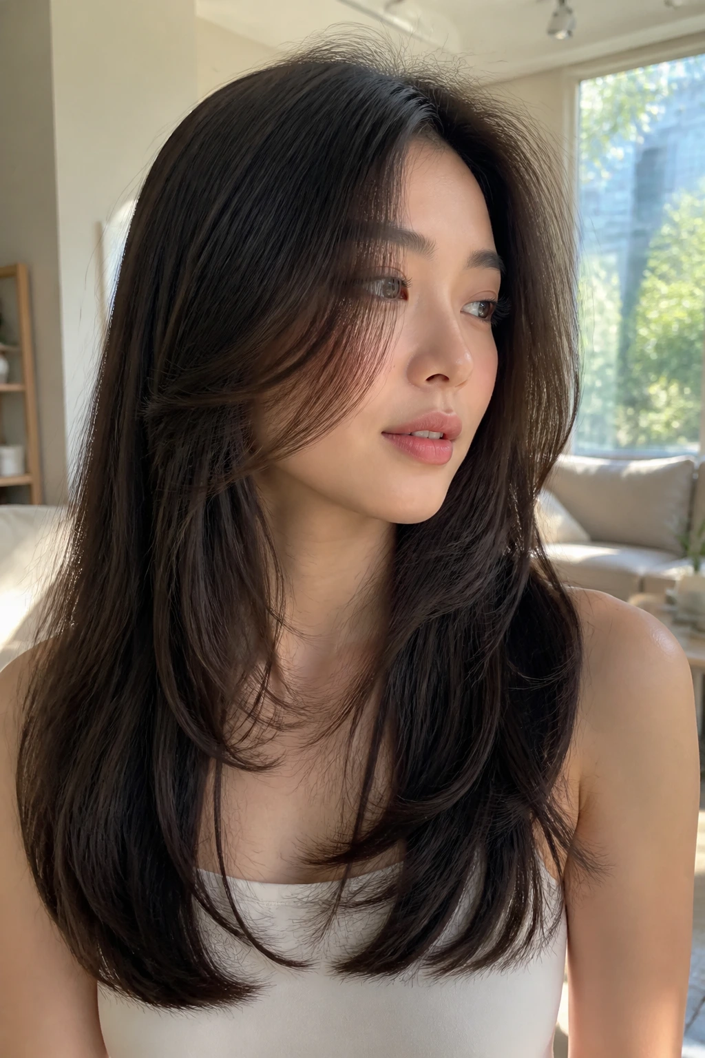 Real woman with butterfly layers framing the face and long hair