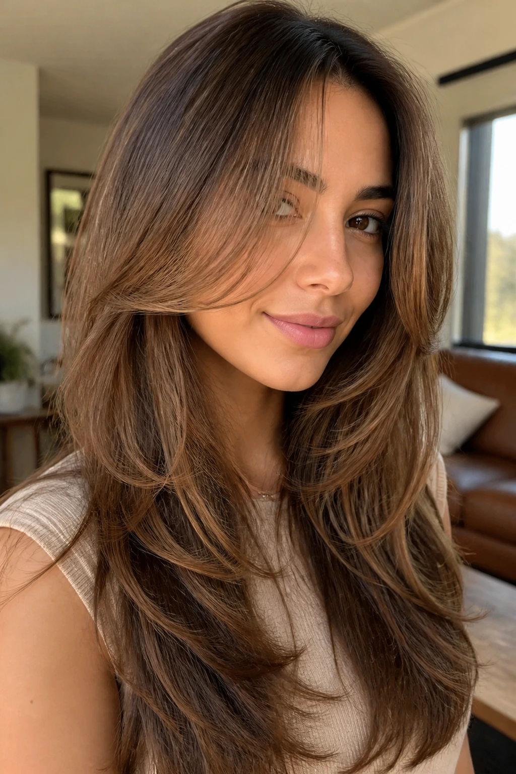 Close-up portrait of a woman with butterfly layers framing her face