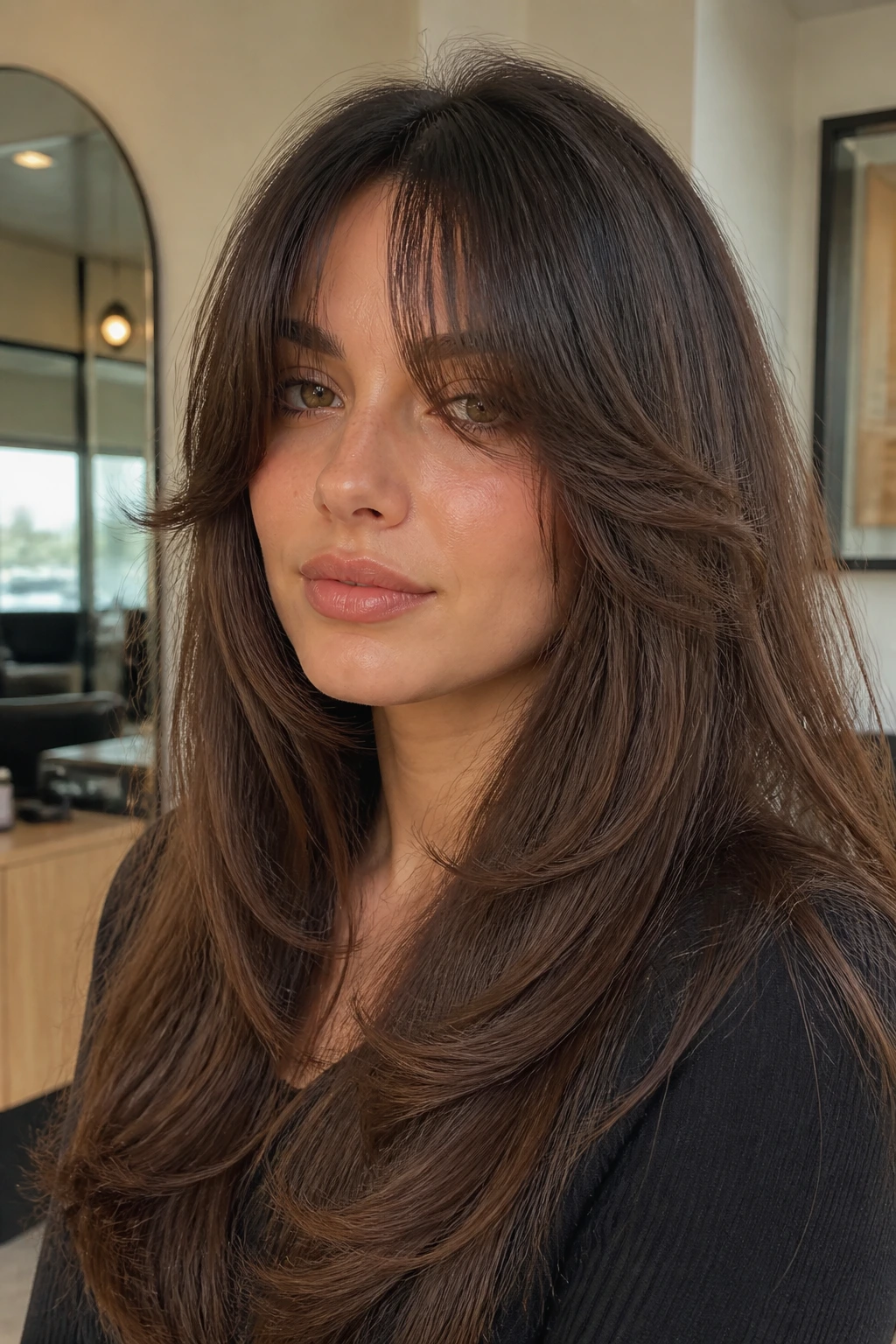 Close-up portrait of a real woman with butterfly-layer feathered bangs in a sunlit salon.