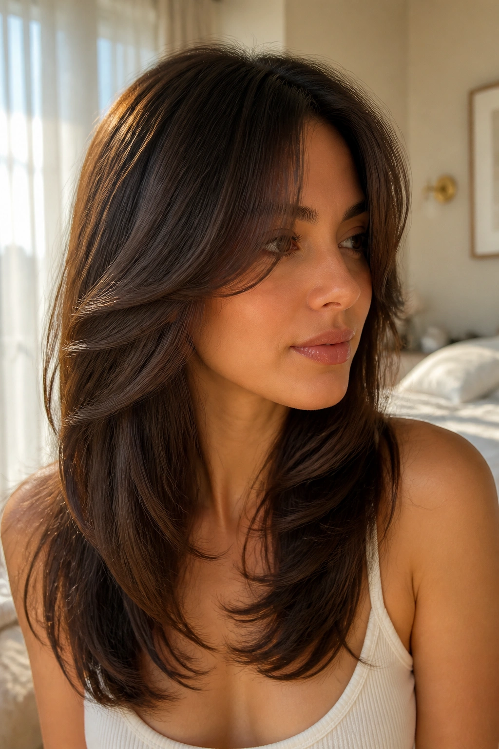 Woman with butterfly layer haircut framing the face in natural light