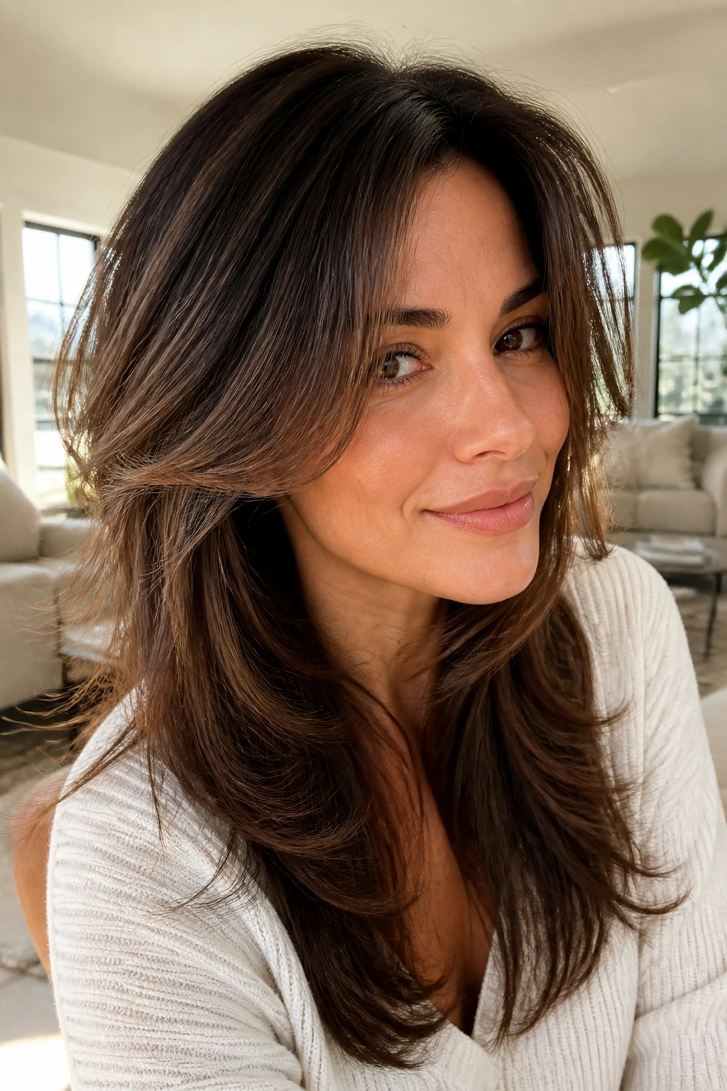 Portrait of a woman with butterfly layers lifting the face in bright daylight