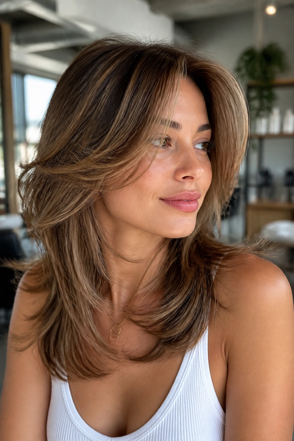 Real woman with butterfly layers providing lift at the crown in bright salon light.