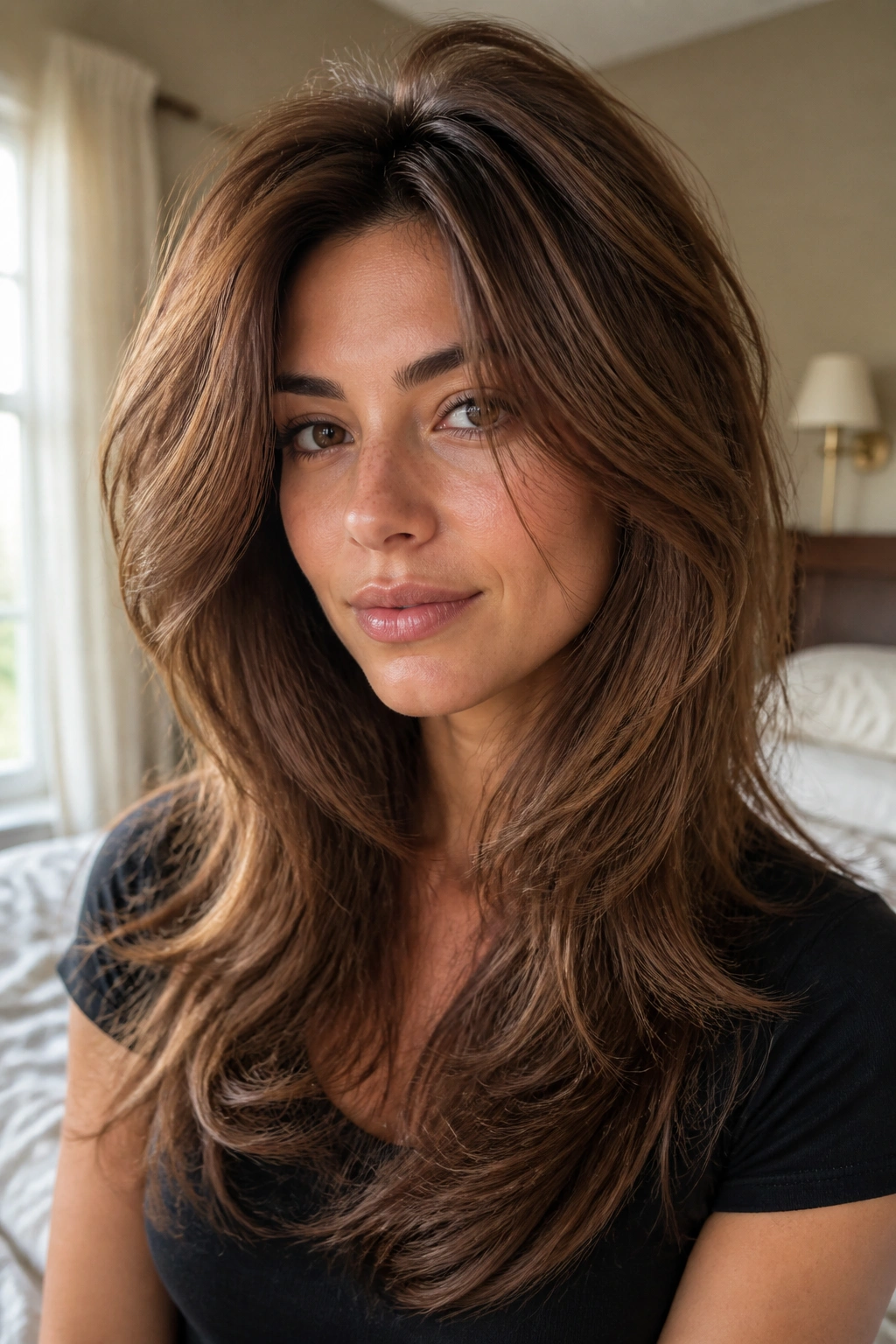 Real person with butterfly layers and lifted crown in soft natural light