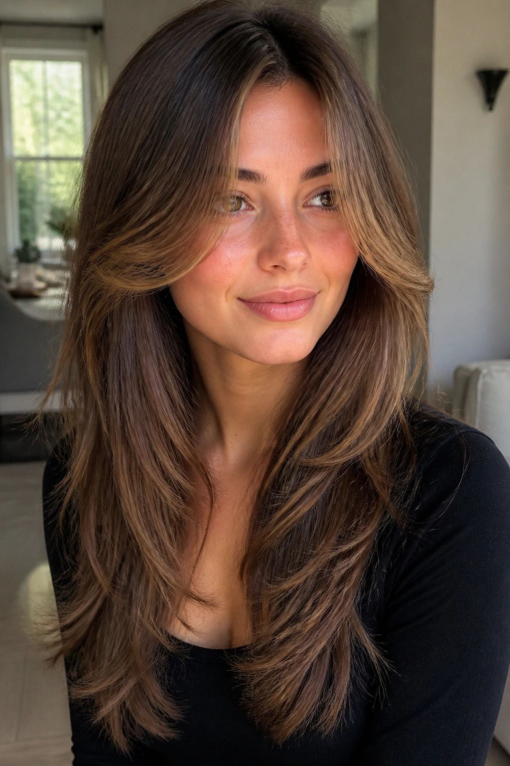 Close-up of a real woman with butterfly layers framing the face and long hair in back
