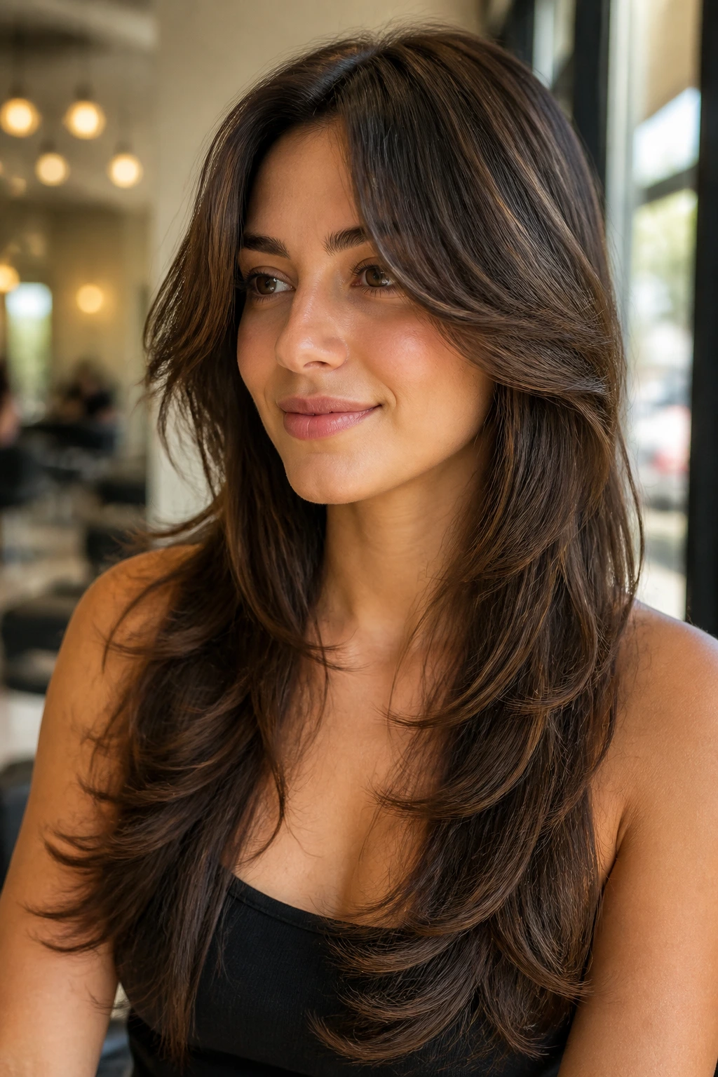 Close-up portrait of a real woman with butterfly layers creating crown lift and long underlayer in warm salon light