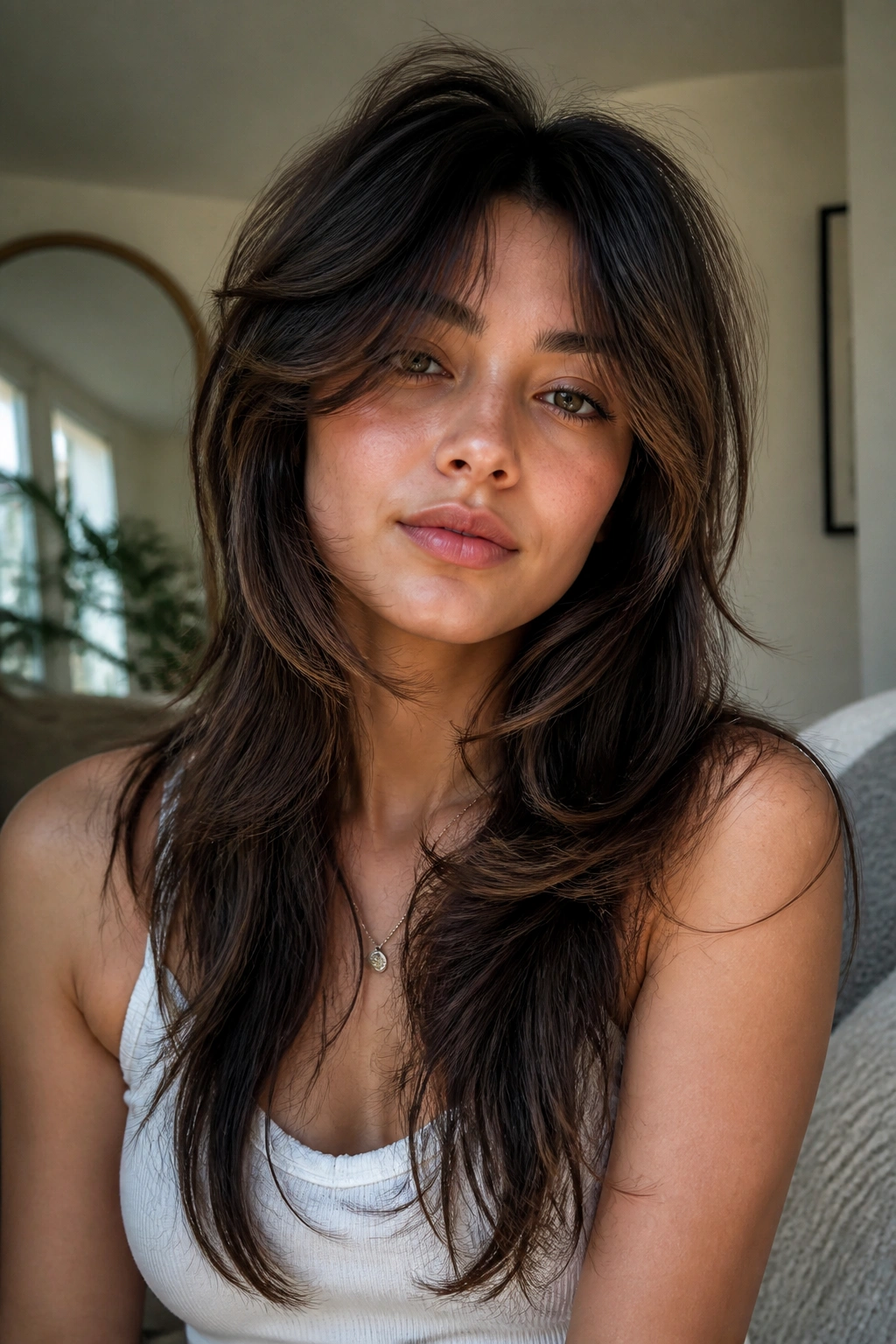 Portrait of real woman with long butterfly layers and a wolfy crown in soft natural light.