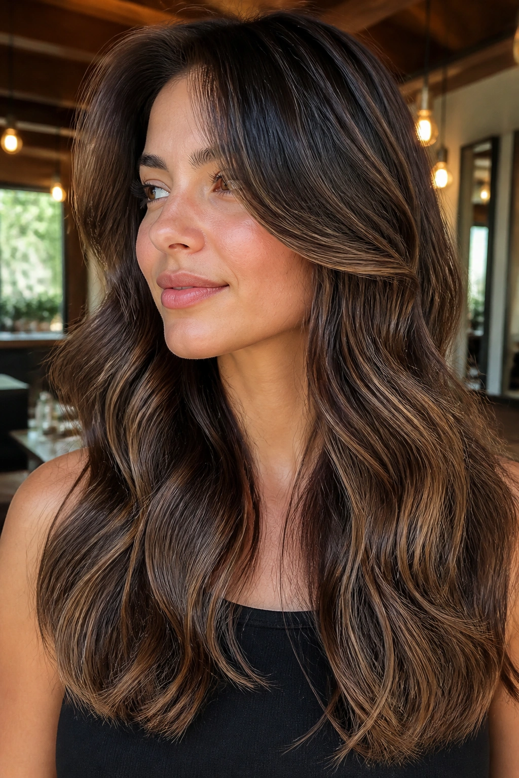 Close-up of a real woman with butterfly layers on long waves in a warm salon