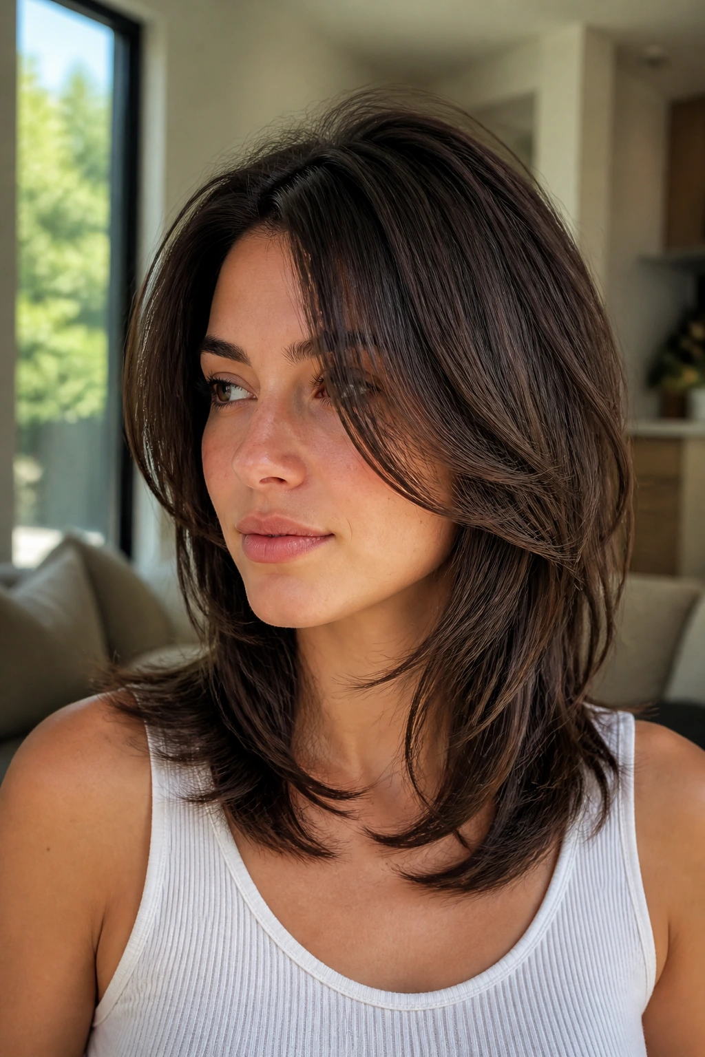 Close-up portrait of a real woman with butterfly layers creating crown lift and face-framing pieces