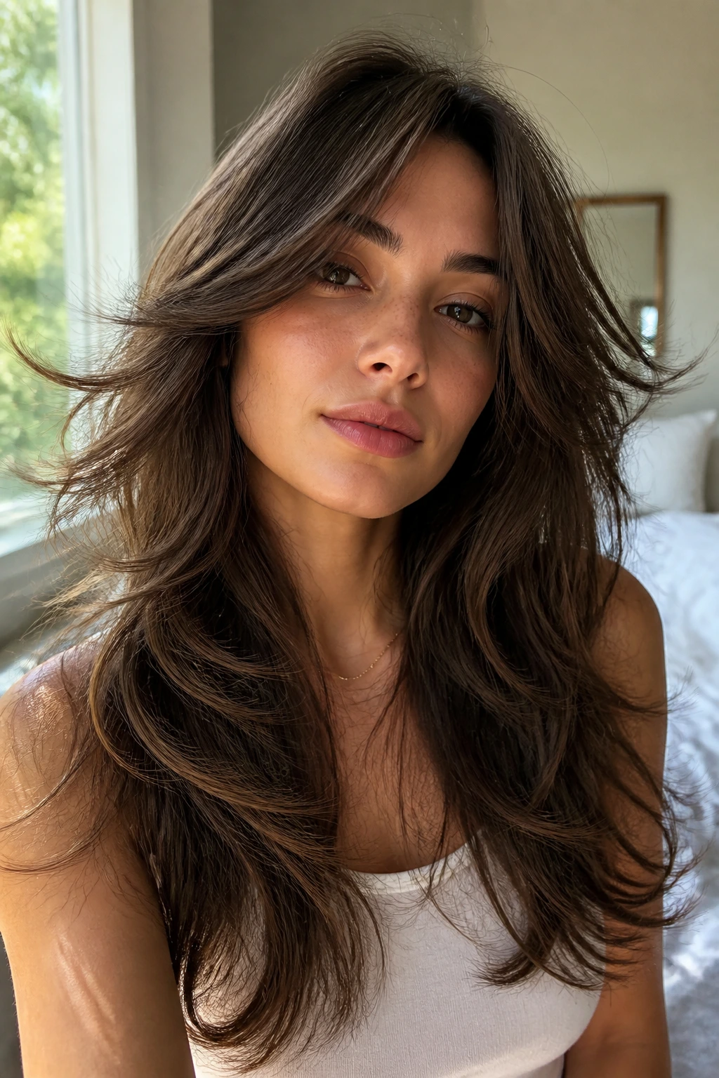 Portrait of a person with butterfly layered long hair with big movement.