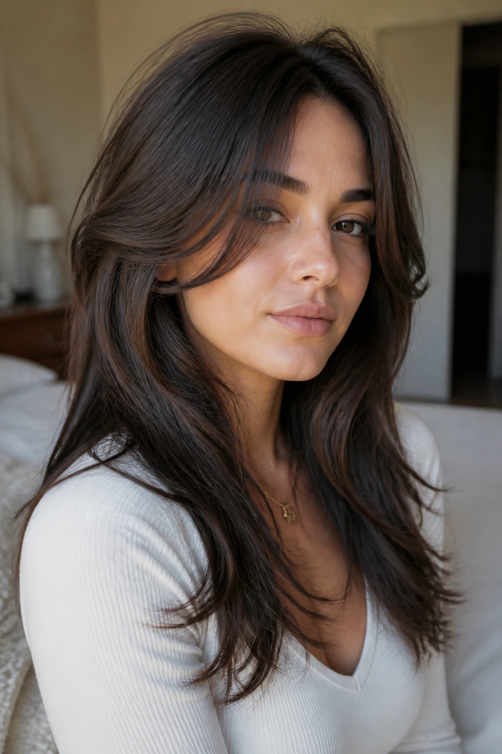 Close-up portrait of a real woman with butterfly front layers separating at the cheeks.