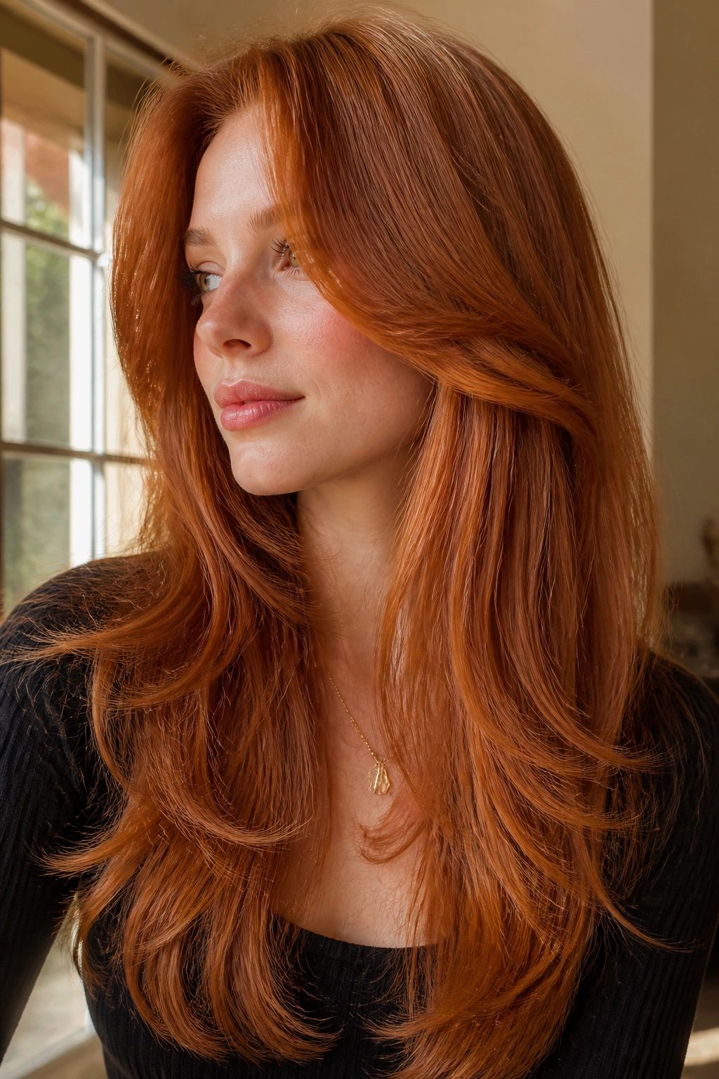 Close-up of real person with long red hair featuring butterfly layers around the face