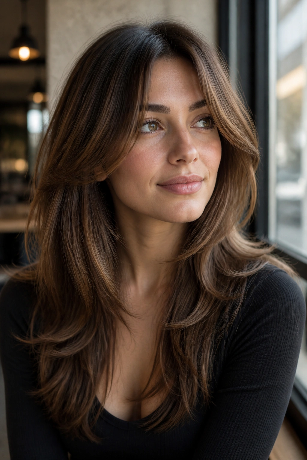 Portrait showing butterfly layers with shorter top and longer bottom layers framing the face
