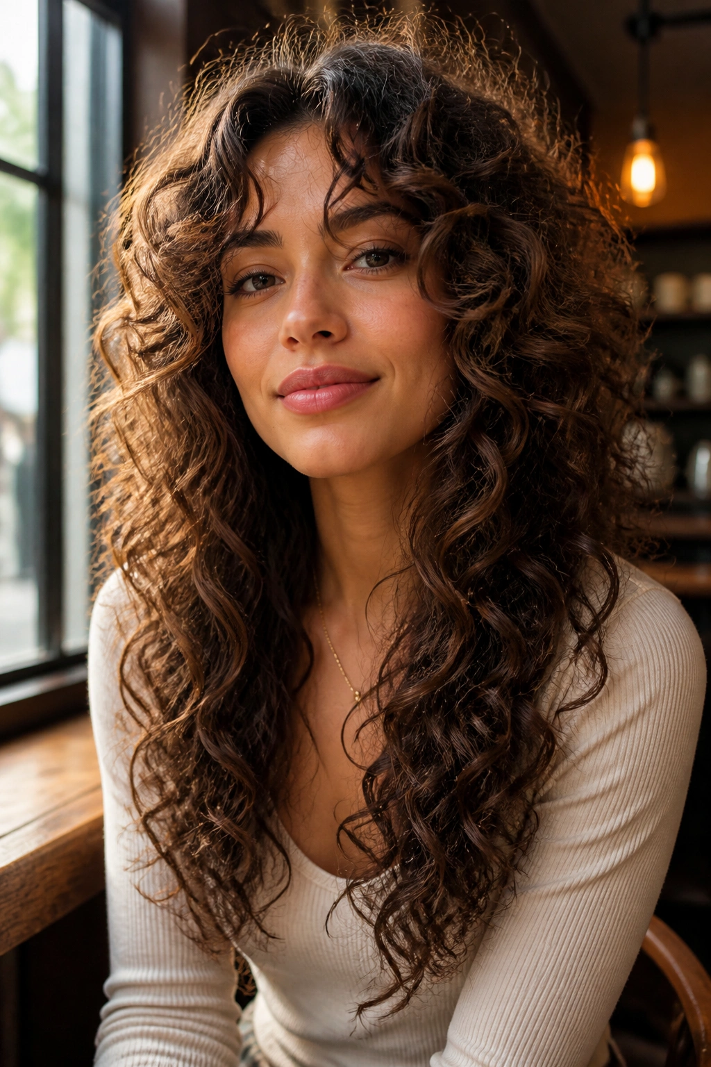 Portrait of a real woman with butterfly layers creating big crown volume.