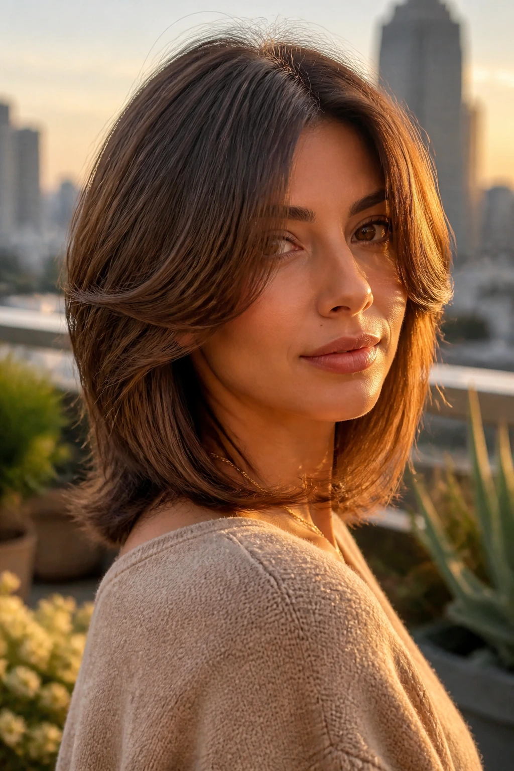 Real woman with butterfly lob hairstyle in golden hour rooftop garden