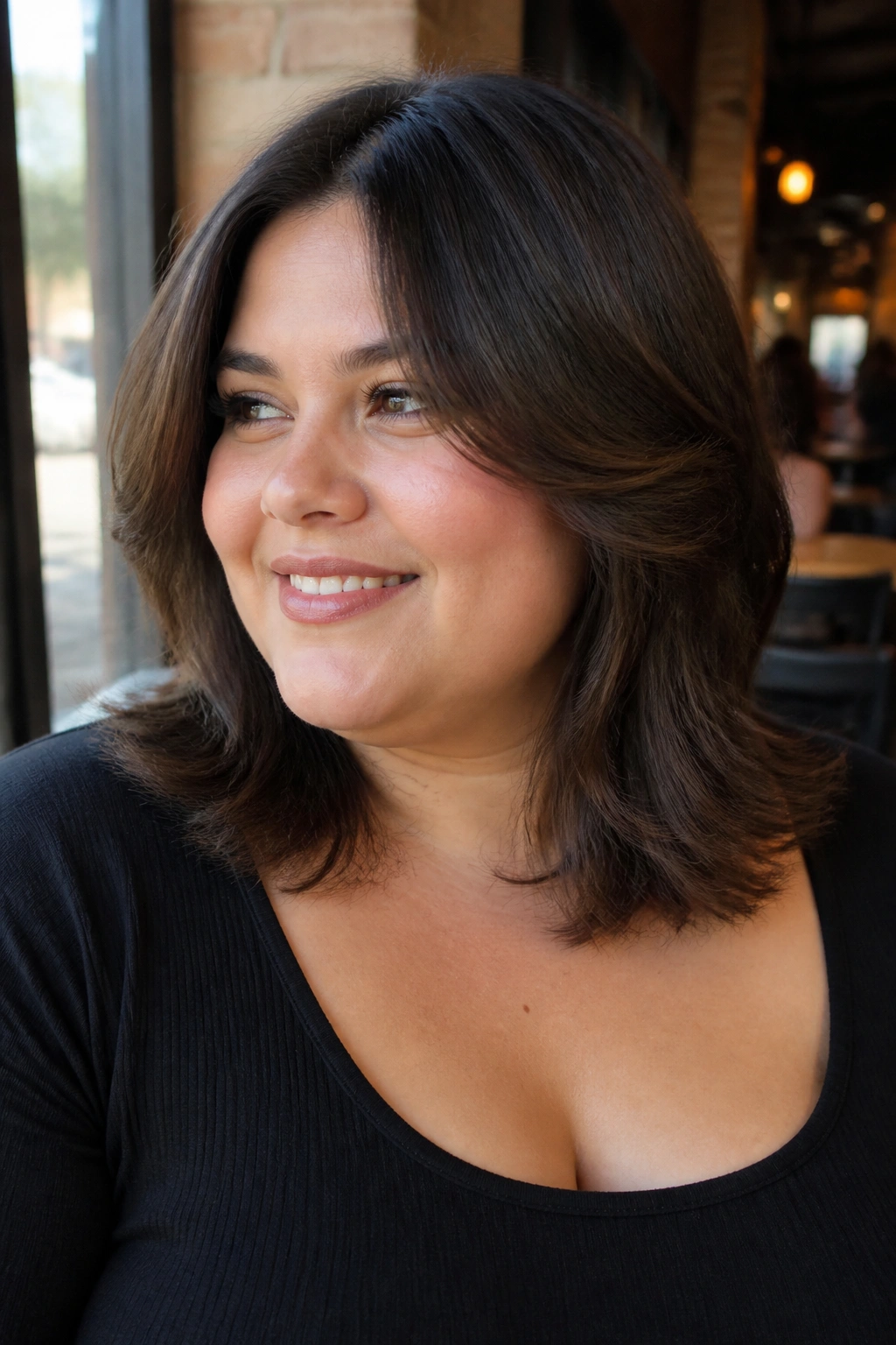 Close-up portrait of a real plus-size woman with a shoulder-grazing butterfly lob, natural cafe light.