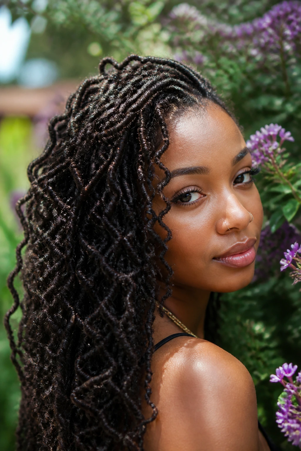 Portrait of a woman with butterfly locs outdoors