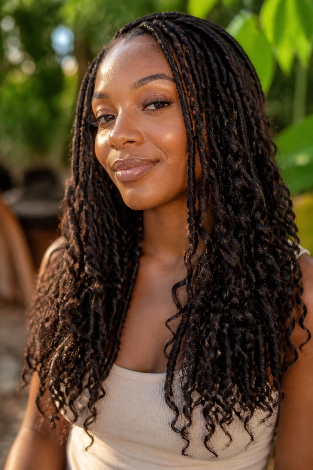 Close-up of a real person with butterfly locs and curly ends