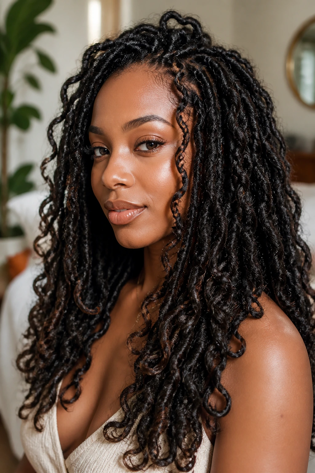 Close-up portrait of butterfly locs on a real woman in a sunlit room