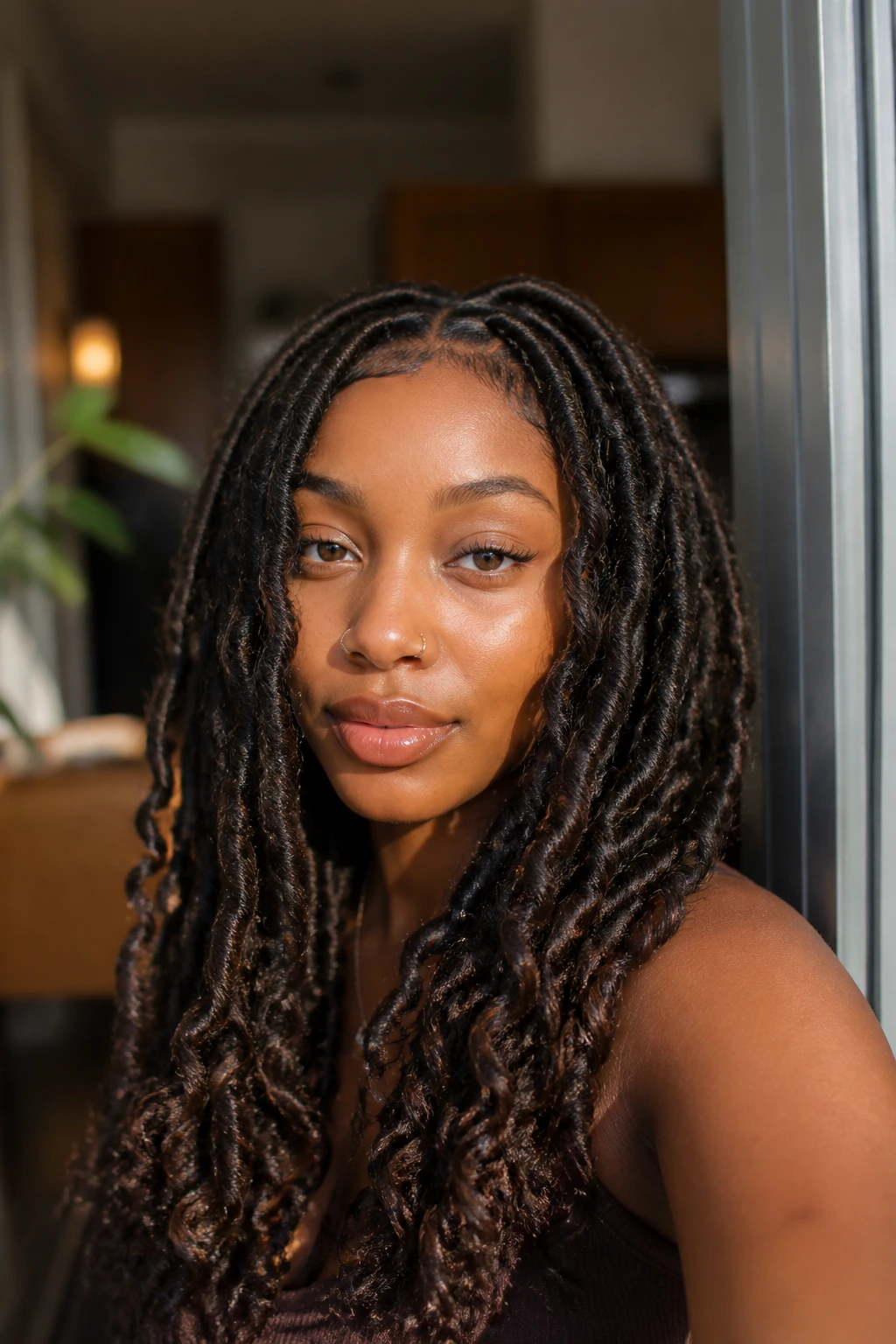 Close-up of a woman with butterfly locs and looping texture