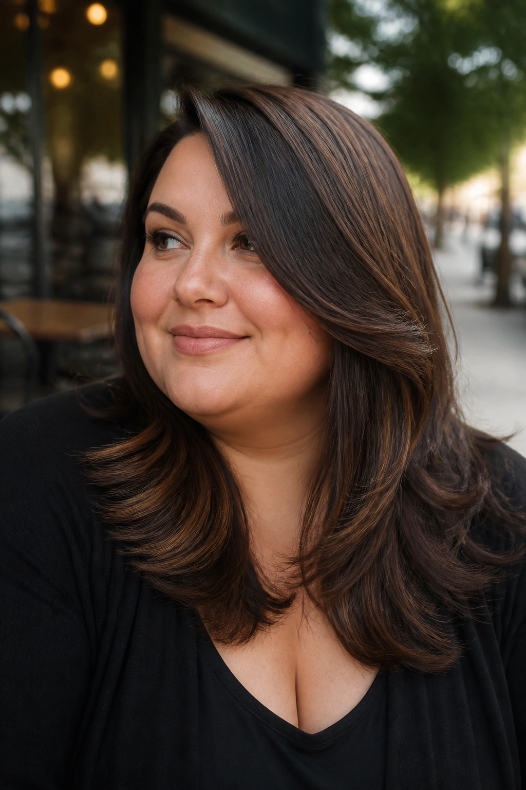 Close-up portrait of a real woman with a side-part butterfly cut and swooped layers, outdoors in daylight.