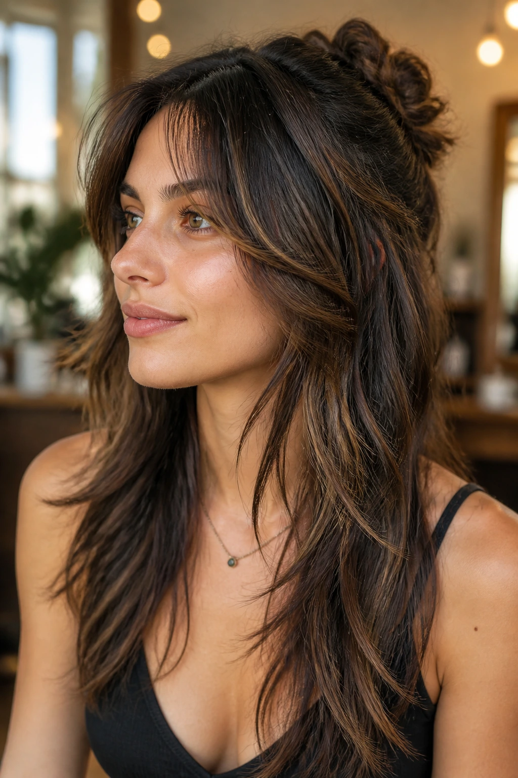 Close-up portrait of a real woman with the butterfly wolf cut designed for braids and updos in a warm salon