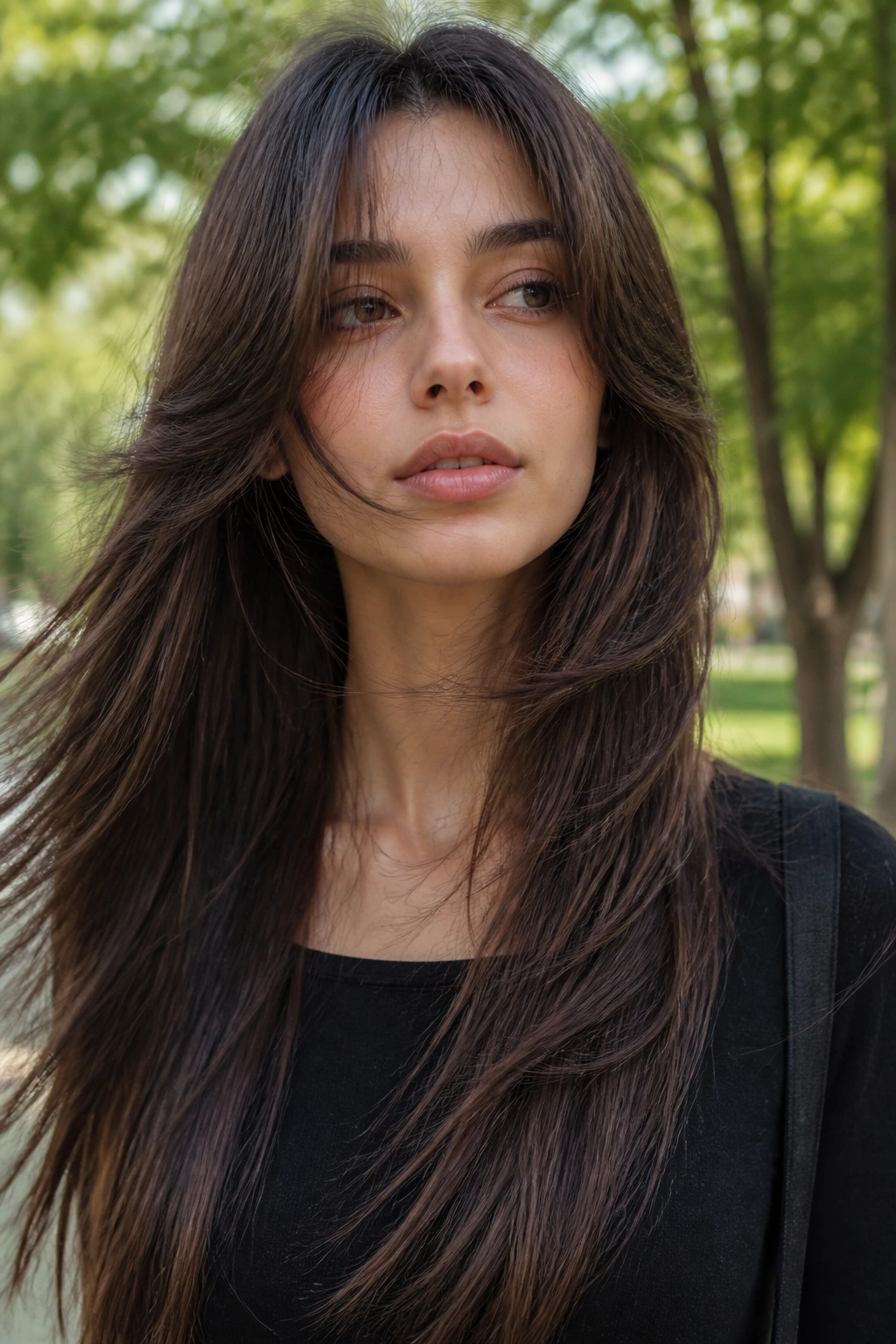 Real woman with butterfly wolf cut on long straight hair in a park.