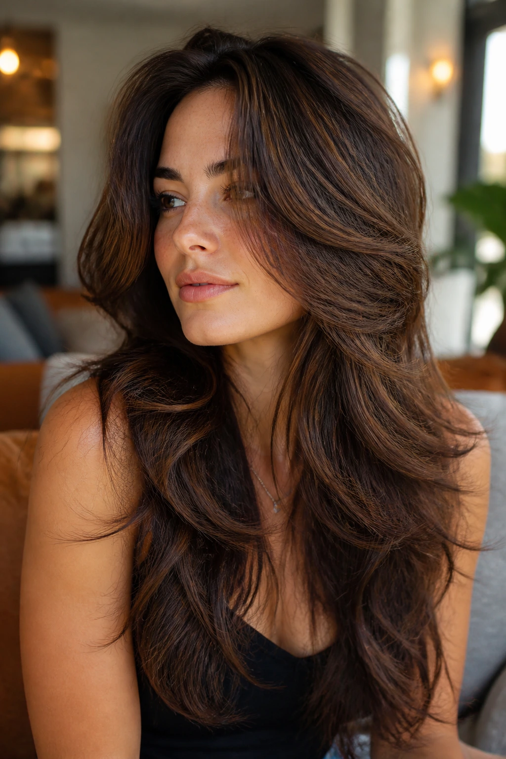 Close-up portrait of a real person with high-volume butterfly wolf cut on thick hair in a sunlit room