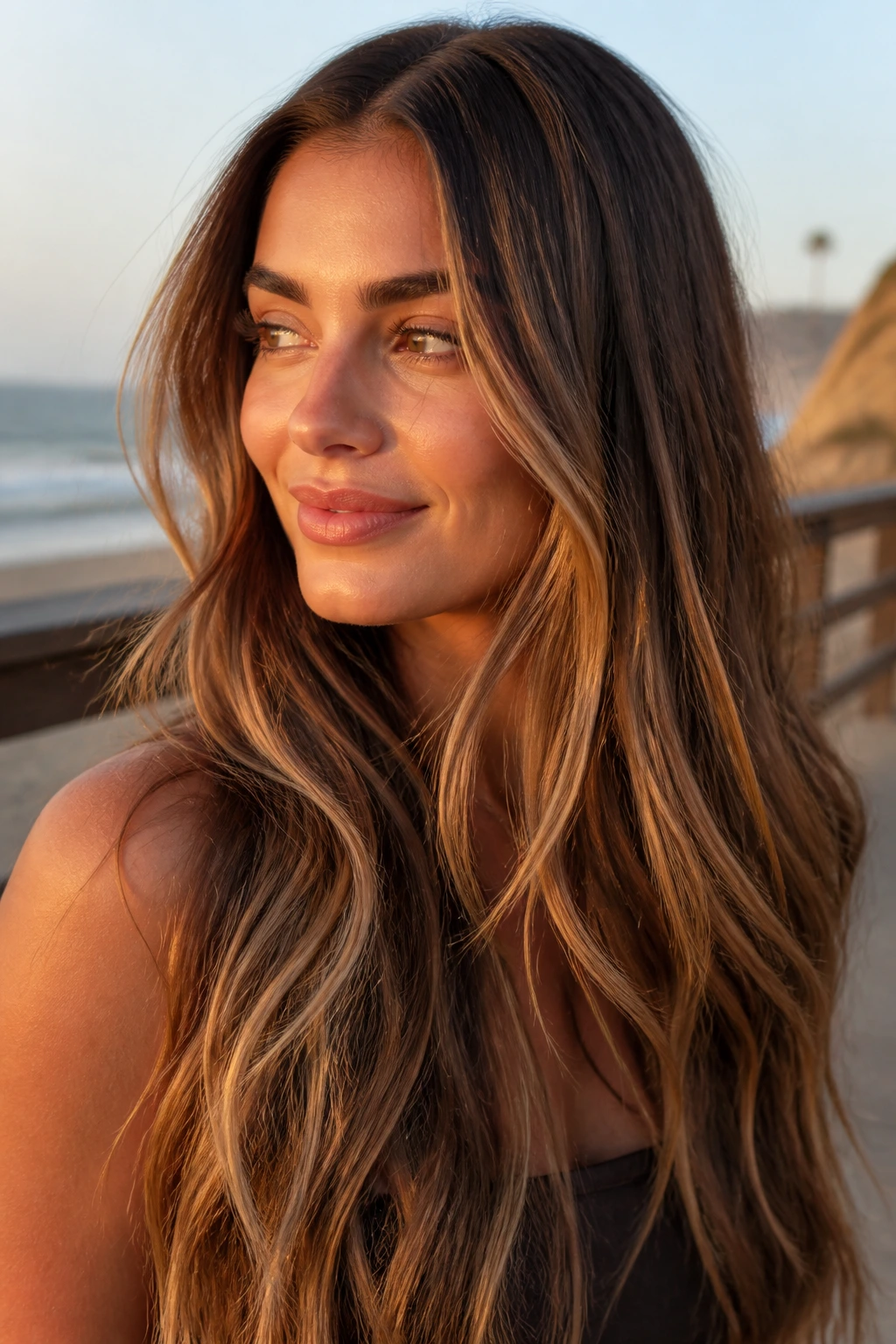 Portrait of real woman with butterscotch babylights on brown hair