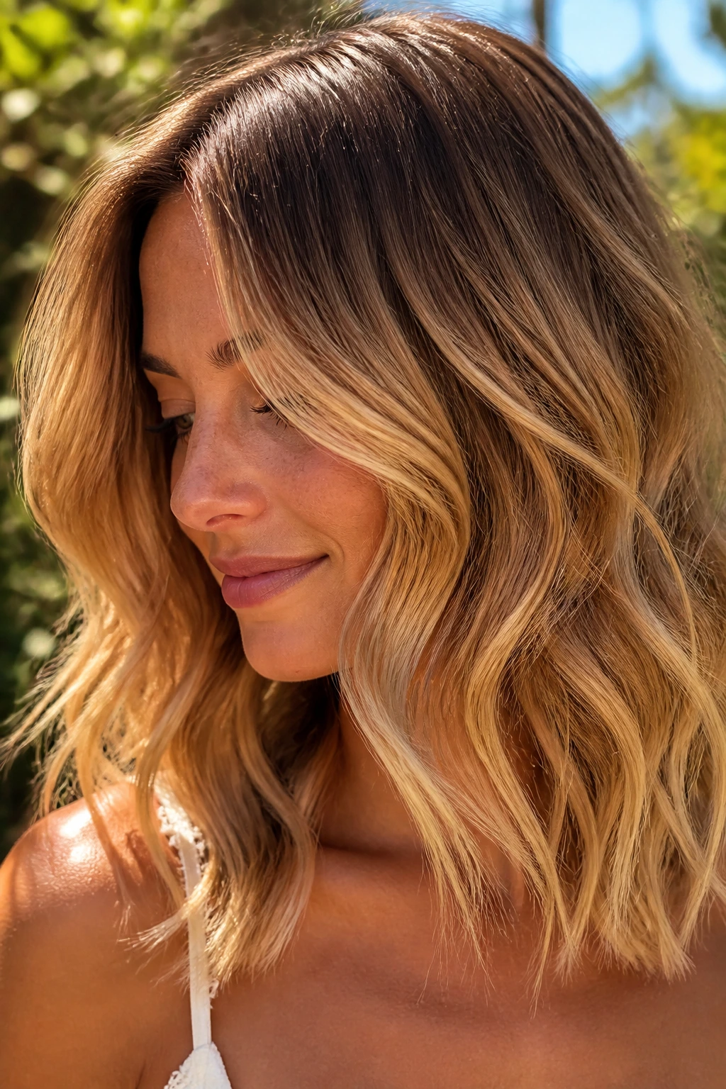 Close-up portrait of a real person with butterscotch blonde waves in sunlight