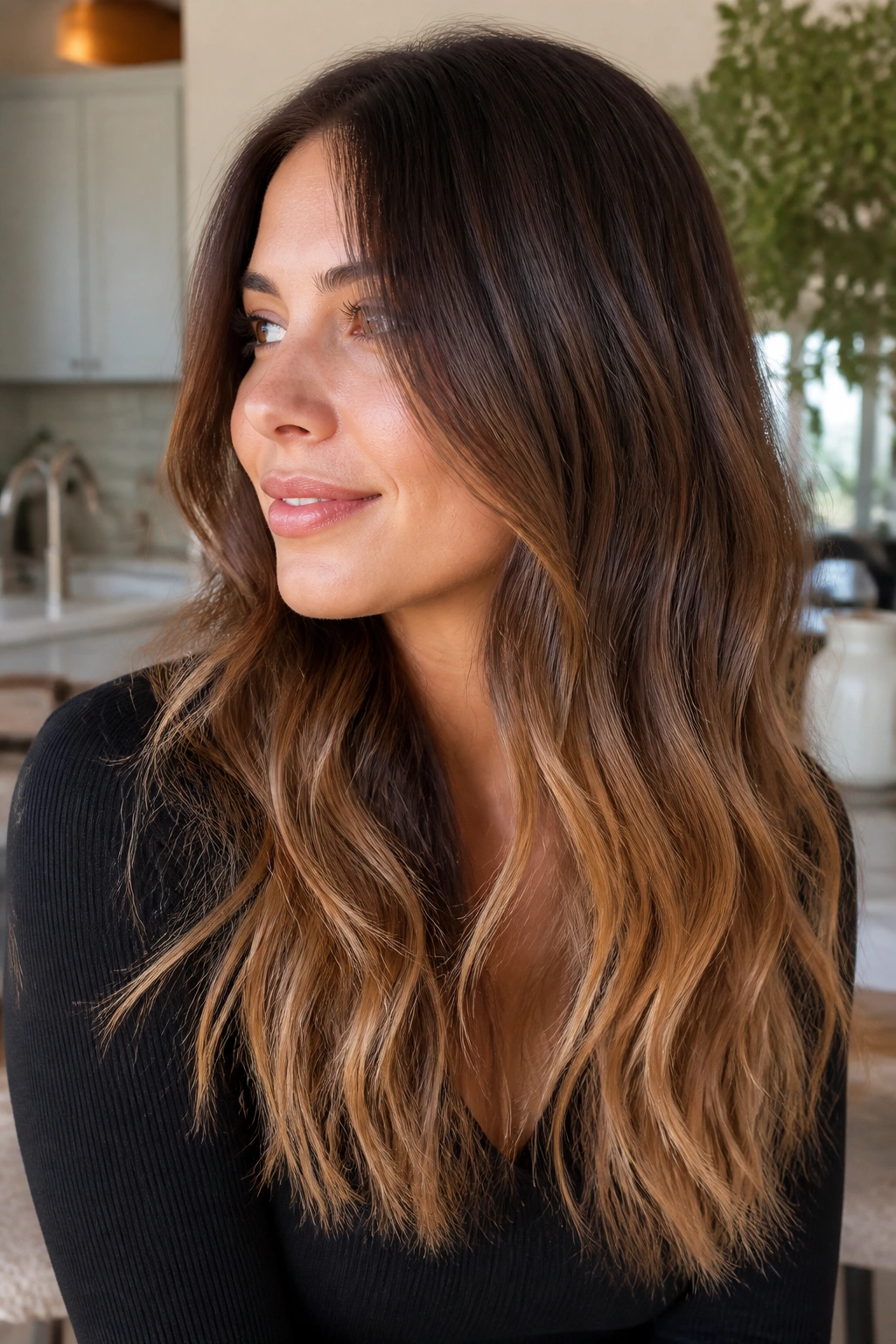 Brunette with butterscotch ends and root stretch in natural light