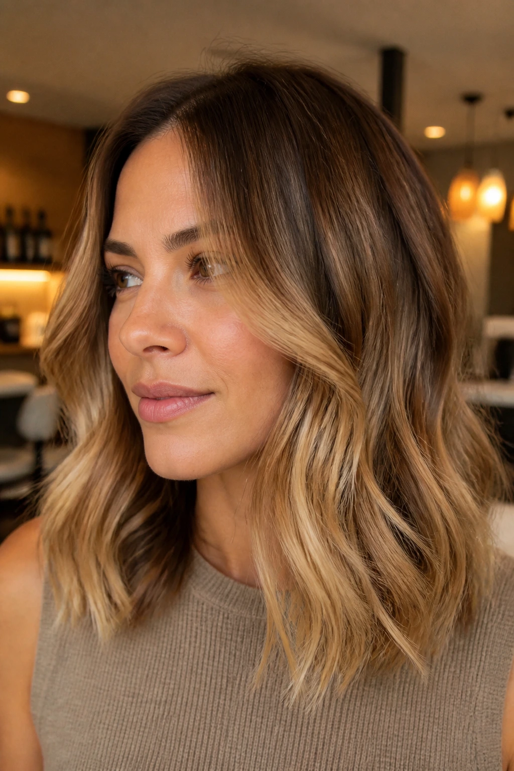 Close-up of a real woman with warm brown to butterscotch ombre hair