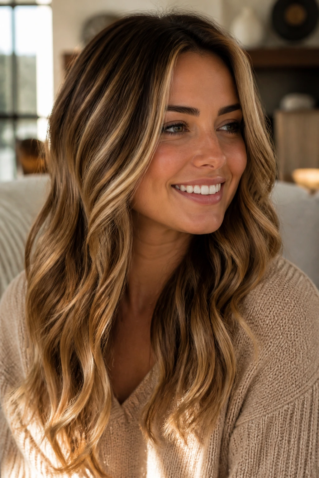 Portrait of a real woman with soft butterscotch ribbon highlights in hair