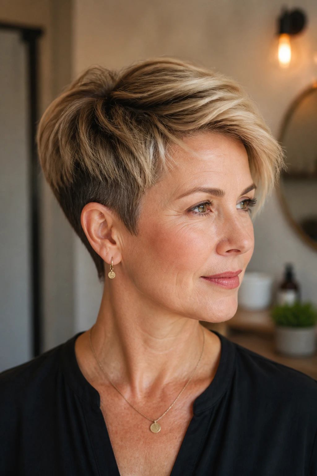 Close-up of a real woman with a short tapered cut and buttery blonde balayage