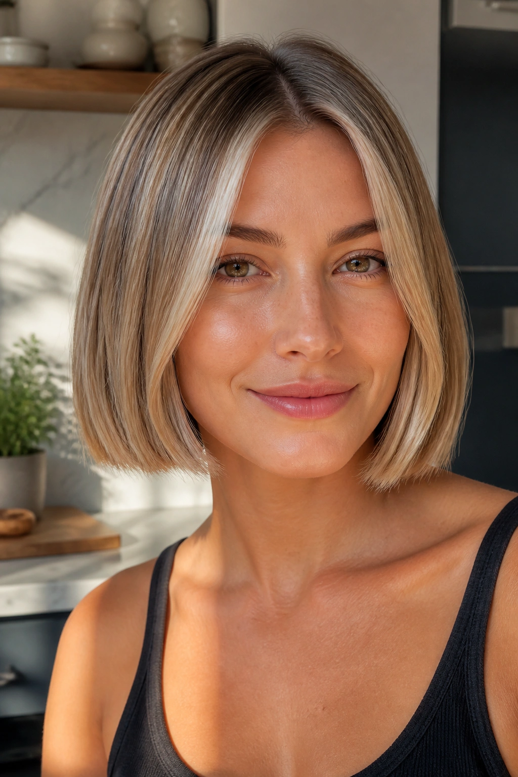 Blunt bob with buttery beige highlights near the face in morning light
