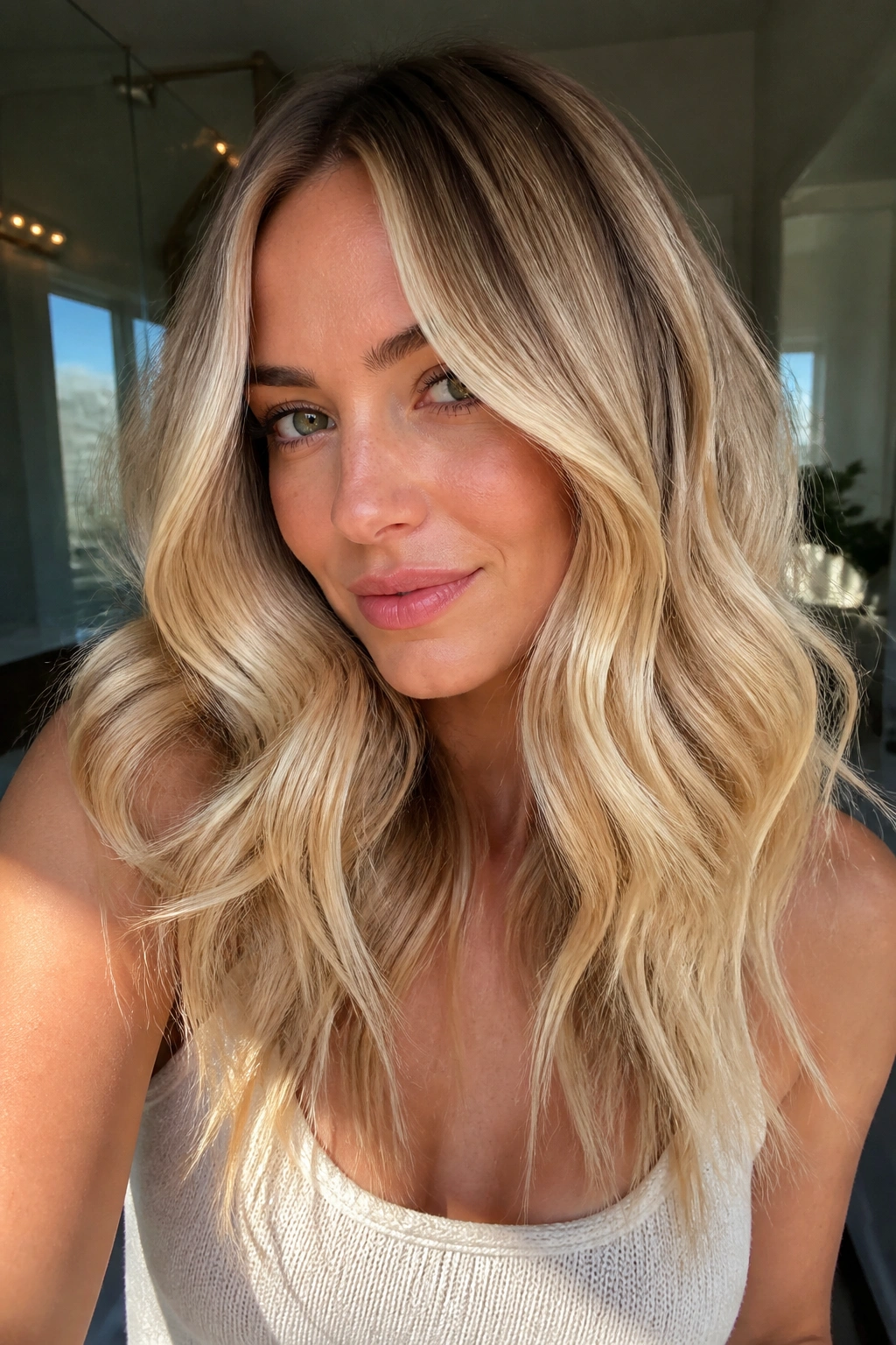 Close-up portrait of a real woman with warm buttery blonde hair and a soft root-to-length melt.