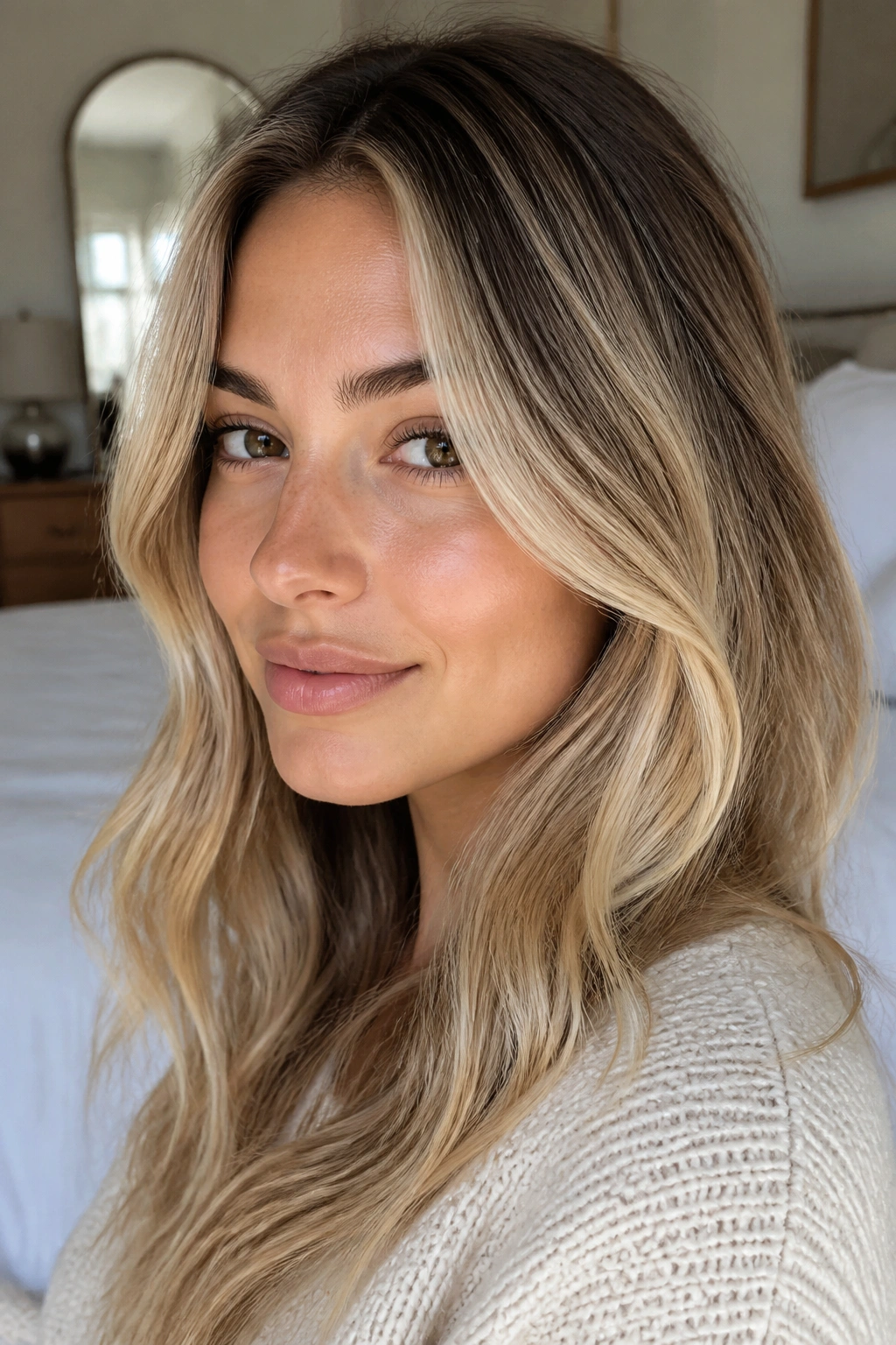 Close-up portrait of a real woman with buttery face-framing highlights around the face