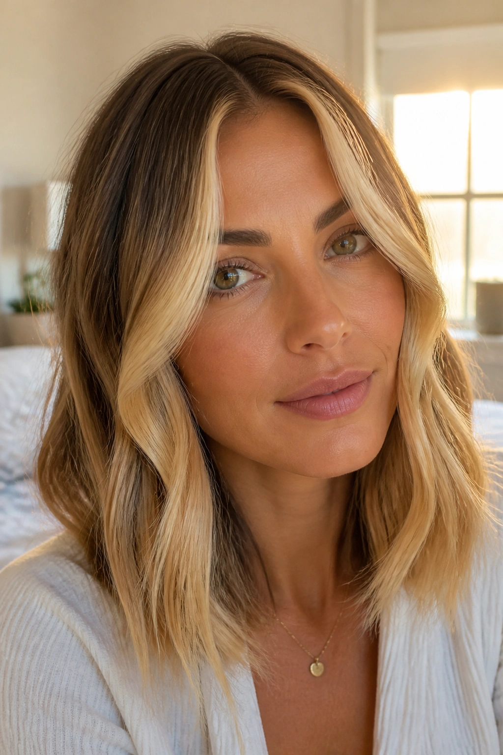Close-up portrait of a real woman with buttery money piece blonde framing her face in warm window light.