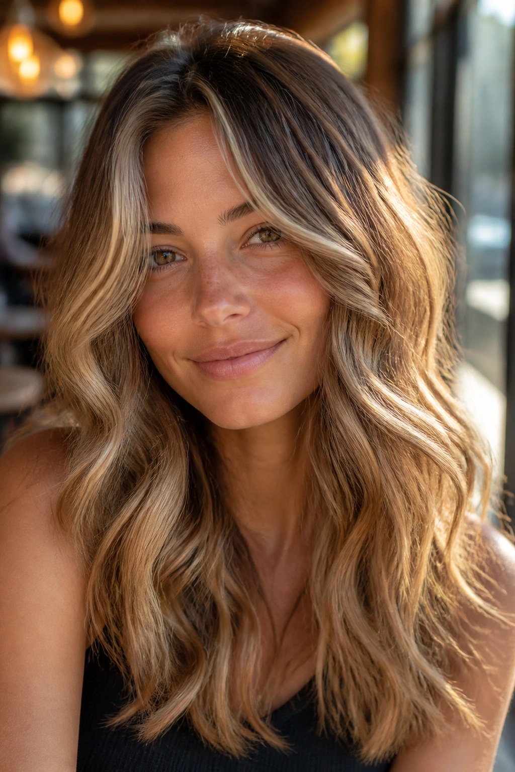 Close-up of a real woman with buttery toast highlights in wavy hair
