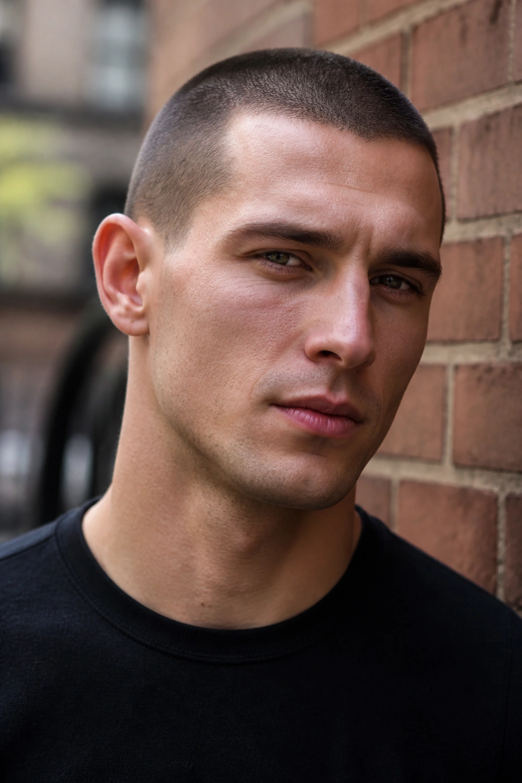 Man with buzz cut hairstyle against brick wall
